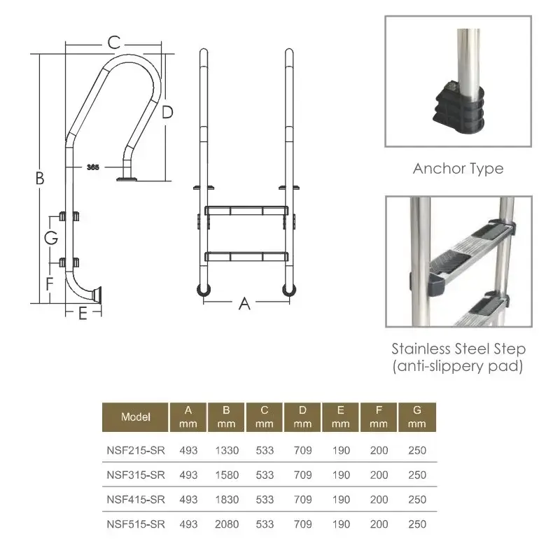 Drabinka do basenu Emaux Mixta NSF415-SR (4 stopnie), AISI-316 - Zdjęcie 4