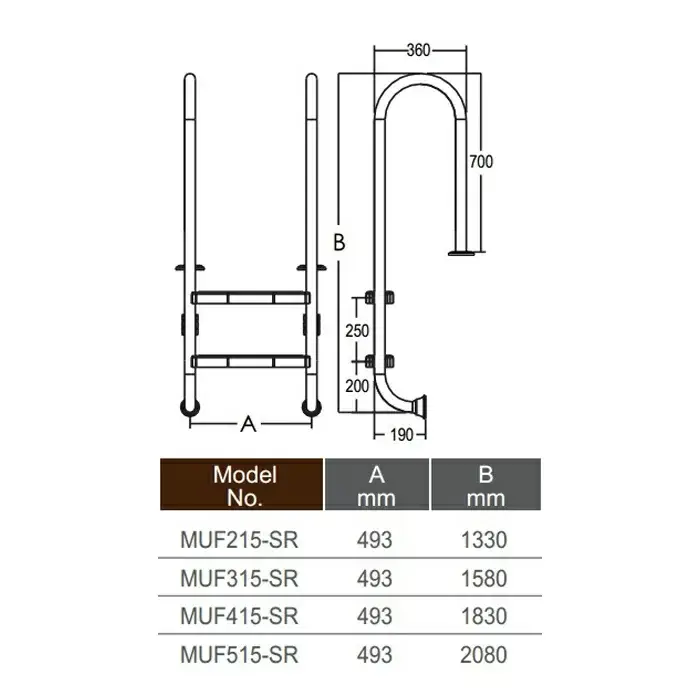 Drabinka do basenu Emaux Muro MUF515-SR (5 stopni), AISI-304 - Zdjęcie 4